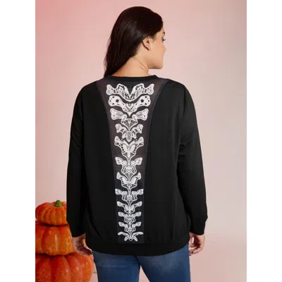 Bloomchic Women's Plus Size Back Sheer Halloween Print Solid Sweatshirt Black Casual 28/5x