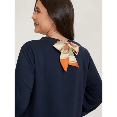 Bloomchic Women's Plus Size Back Silk Scarf Bow-tie Detachable Sweatshirt Navy Casual 10/m In Blue