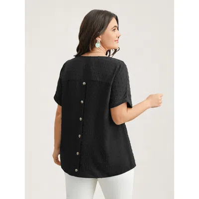 Bloomchic Women's Plus Size Back-button Textured V-neck Shirt Black Solid Casual Short Sleeve V-neck 10/m
