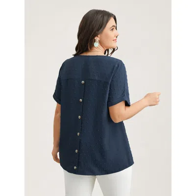 Bloomchic Women's Plus Size Back-button Textured V-neck Shirt Indigo Solid Casual Short Sleeve V-neck 10/m In Purple