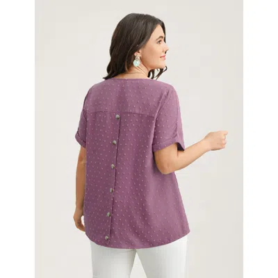 Bloomchic Women's Plus Size Back-button Textured V-neck Shirt Mauve Solid Casual Short Sleeve V-neck 30/6x In Purple