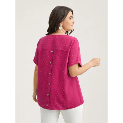Bloomchic Women's Plus Size Back-button Textured V-neck Shirt Redviolet Solid Casual Short Sleeve V-neck 10/m