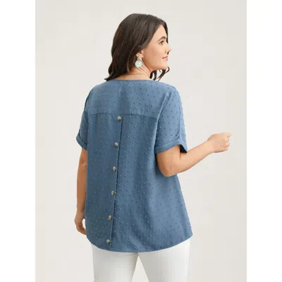 Bloomchic Women's Plus Size Back-button Textured V-neck Shirt Stone Solid Casual Short Sleeve V-neck 10/m In Gray