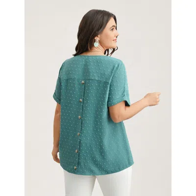 Bloomchic Women's Plus Size Back-button Textured V-neck Shirt Teal Solid Casual Short Sleeve V-neck 10/m In Blue