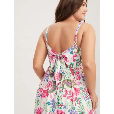Bloomchic Women's Plus Size Backless Bow Paisley Print Cami Midi Dress Multicolor Floral Midi Vacation Lace-up