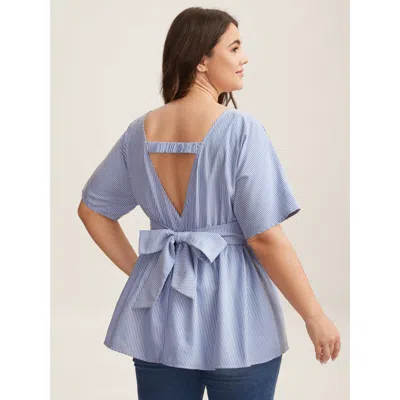 Bloomchic Women's Plus Size Backless Bow Tie Stripe Print Cinched Blouse Lightblue Stripes Casual Short Sleeve In Blue