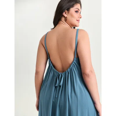 Bloomchic Women's Plus Size Backless Flowy Cami Plain Midi Dress Aegean Solid Midi Vacation Ruched 10/m In Blue