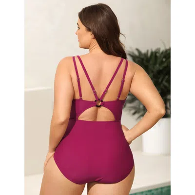 Bloomchic Women's Plus Size Backless Ruched Adjustable One-piece Swimsuit Rosered Ditsy Floral Gathered Adapti