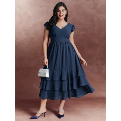 Bloomchic Women's Plus Size Backless Tie Layered Hem Flutter Sleeve Maxi Dress Indigo Non Maxi Party Tie Knot  In Purple