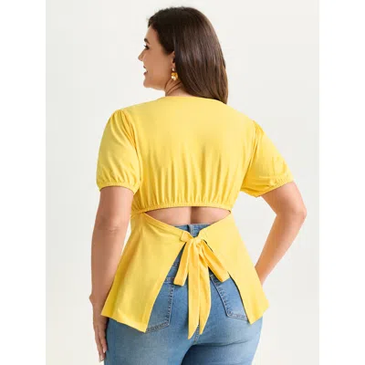 Bloomchic Women's Plus Size Back-tie Cut-out Plain Knit Top Lightyellow Short Sleeve Elegant Round Neck 18-20/