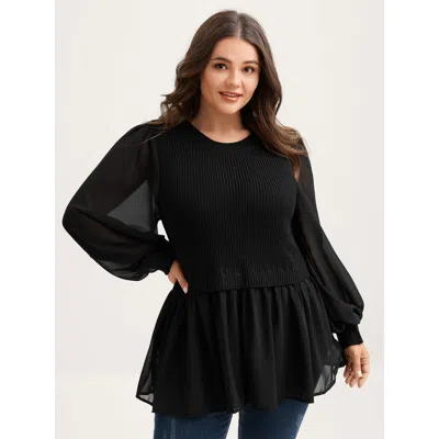 Bloomchic Women's Plus Size Balloon Sleeve Solid Twofer Sweater Black Not Graphics Long Sleeve Round Neck 12/l