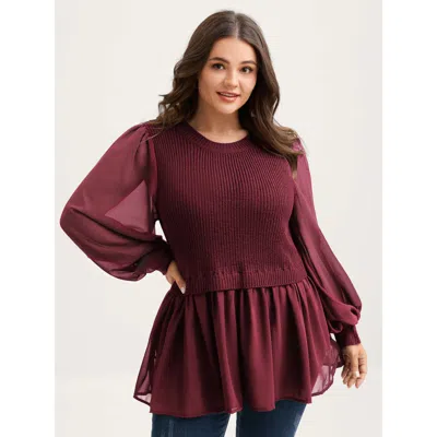 Bloomchic Women's Plus Size Balloon Sleeve Solid Twofer Sweater Burgundy Not Graphics Long Sleeve Round Neck 3