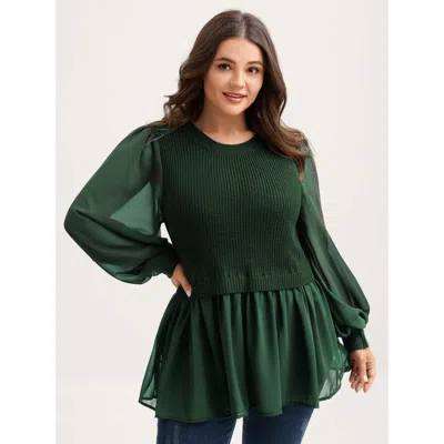 Bloomchic Women's Plus Size Balloon Sleeve Solid Twofer Sweater Darkgreen Not Graphics Long Sleeve Round Neck  In Green