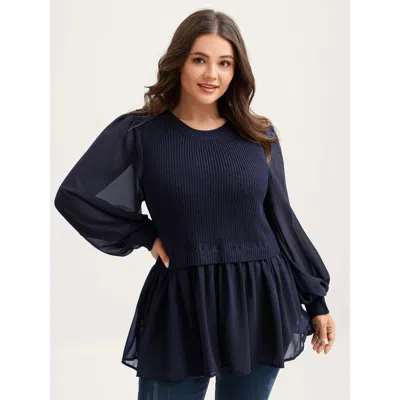 Bloomchic Women's Plus Size Balloon Sleeve Solid Twofer Sweater Indigo Not Graphics Long Sleeve Round Neck 30/ In Purple
