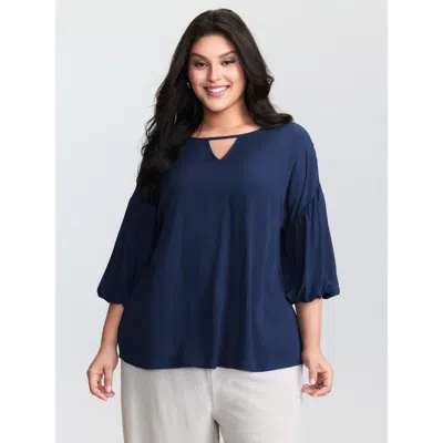 Bloomchic Women's Plus Size Bamboo Textured Back-tie Blouse Indigo Non Casual 3/4 Sleeve 12/l In Purple