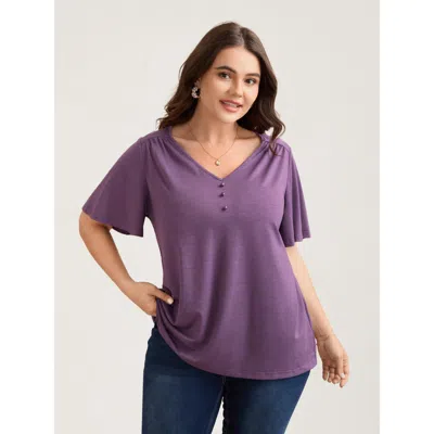 Bloomchic Women's Plus Size Bamboo Textured Pleated Shoulder Button T-shirt Mauve Non Casual Short Sleeve 10/m In Purple