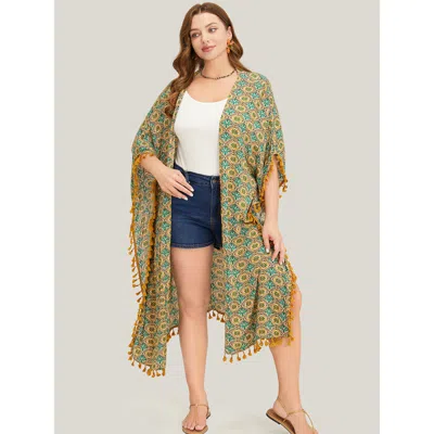 Bloomchic Women's Plus Size Bandana Batwing Sleeve Tassels Trim Split Open Front Kimono Mint 12/l In Green