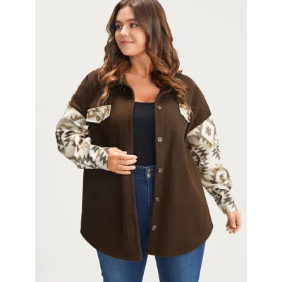 Bloomchic Women's Plus Size Bandana Button Up Pocket Shirt Darkbrown Patchwork 10/m In Brown