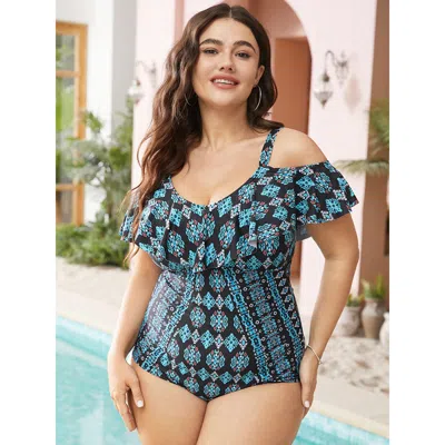 Bloomchic Women's Plus Size Bandana Cold Shoulder Ruffle Trim One Piece Swimsuit Black Bohemian Print Adjustab