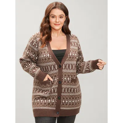 Bloomchic Women's Plus Size Bandana Contrast Super Soft Knit Pocket Open Front Cardigan Tan Long Sleeve 18-20/ In Brown