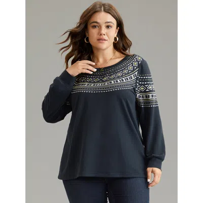 Bloomchic Women's Plus Size Bandana Embroidered Crew Neck Elastic Cuffs Sweatshirt Dimgray Bohemian Print Dail