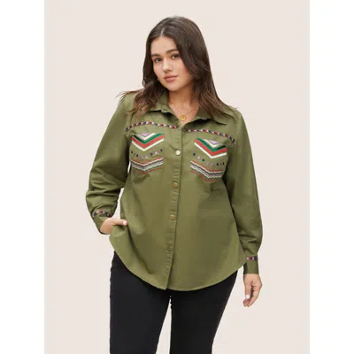 Bloomchic Women's Plus Size Bandana Embroidered Patched Pocket Jacket Armygreen Non 22-24/3x