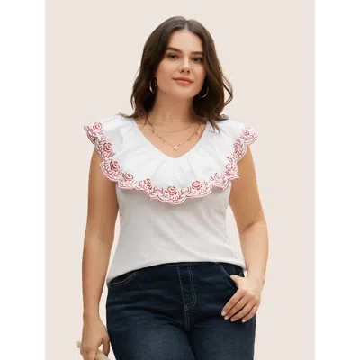 Bloomchic Women's Plus Size Bandana Floral Embroidered Ruffle Trim Tank Top Originalwhite Vacation H-line 26/4