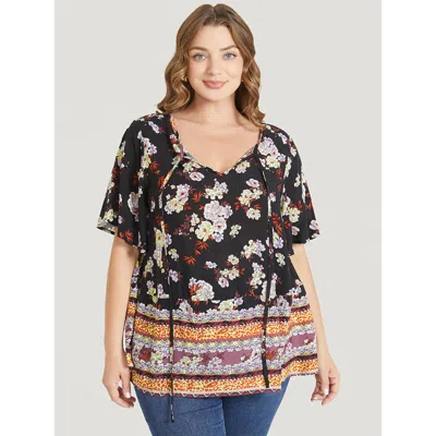 Bloomchic Women's Plus Size Bandana Flutter Sleeve Tie Neck Cut Out Blouse Blackflower Dailywear Short Sleeve 