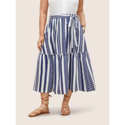 Bloomchic Women's Plus Size Bandana Geometric Belted Patchwork Ruffle Hem Skirt Indigo Non Vacation 10/m In Purple