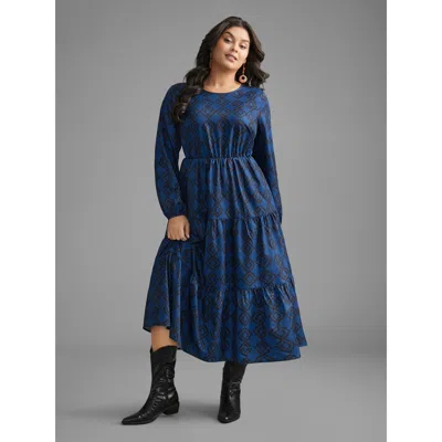 Bloomchic Women's Plus Size Bandana Geometric Ruffle Layered Hem Dress Indigo Bohemian Print Midi Vacation Non In Purple