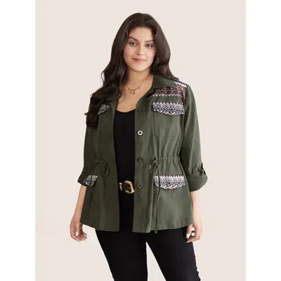 Bloomchic Women's Plus Size Bandana Geometric Tab Sleeve Drawstring Jacket Armygreen Colorblock 12/l