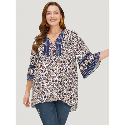 Bloomchic Women's Plus Size Bandana High Low Hem Bell Sleeve Blouse Indigo Dailywear 3/4 Sleeve 10/m In Purple