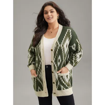 Bloomchic Women's Plus Size Bandana Jacquard Button Through Patched Pocket Cardigan Armygreen Long Sleeve 10/m