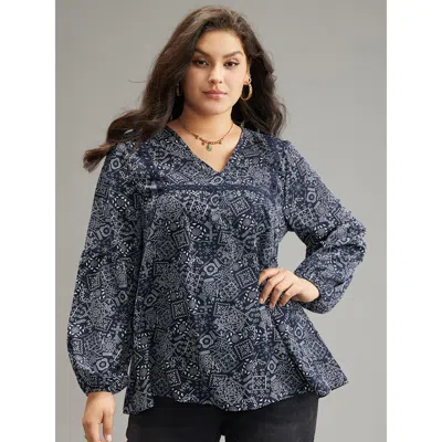 Bloomchic Women's Plus Size Bandana Lace Insert Lantern Sleeve Blouse Indigo Vacation Long Sleeve 14-16/1x In Purple