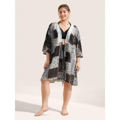 Bloomchic Women's Plus Size Bandana Lace Panel Ties Patchwork Mesh Kimono Blackflower Woven Ribbon&lace Trim 1