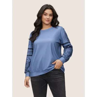 Bloomchic Women's Plus Size Bandana Paisley Print Crew Neck Sweatshirt Cerulean Bohemian Print Dailywear 26/4x In Blue