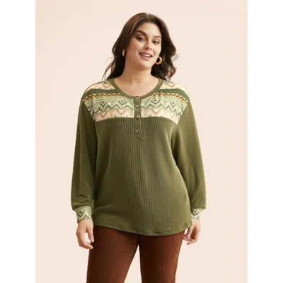 Bloomchic Women's Plus Size Bandana Patchwork Button Up T-shirt Armygreen Bohemian Print Everyday Long Sleeve 