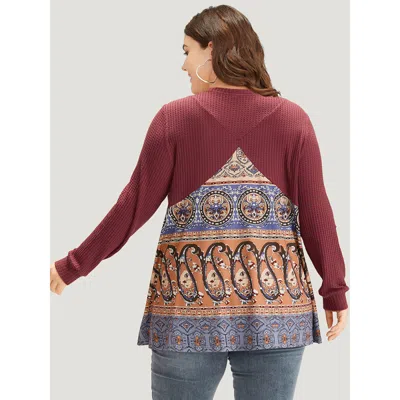 Bloomchic Women's Plus Size Bandana Patchwork Crew Neck Elastic Cuffs Sweatshirt Russet Bohemian Print Everyda In Brown
