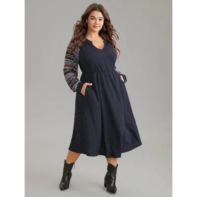 Bloomchic Women's Plus Size Bandana Patchwork Elastic Waist Notched Dress Navy Everyday Printed 14-16/1x In Blue