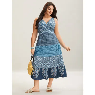 Bloomchic Women's Plus Size Bandana Patchwork Floral Sleeveless Dress Aegean Geometric Midi Vacation Patchwork In Blue