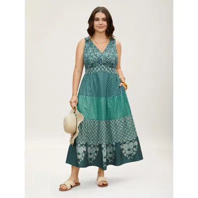 Bloomchic Women's Plus Size Bandana Patchwork Floral Sleeveless Dress Emerald Geometric Midi Vacation Patchwor In Green