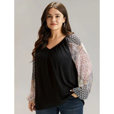 Bloomchic Women's Plus Size Bandana Patchwork Twill Contrast Lantern Sleeve Blouse Black Dailywear Long Sleeve
