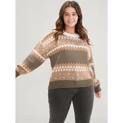 Bloomchic Women's Plus Size Bandana Pointelle Knit Contrast Geometric Jacquard Knit Top Multicolor Bohemian Pr