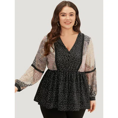 Bloomchic Women's Plus Size Bandana Polka Dot Patchwork Contrast Blouse Blackflower Vacation Long Sleeve 12/l