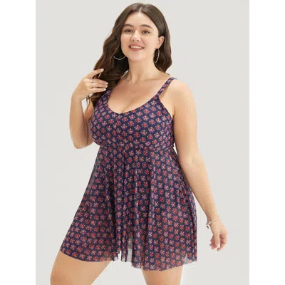 Bloomchic Women's Plus Size Bandana Print Adjustable Straps Mesh Ruffles Swim Dress Red Bohemian Print Adjusta