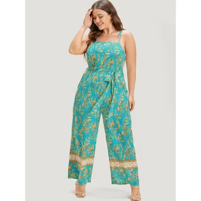 Bloomchic Women's Plus Size Bandana Print Belt Pocket Spaghetti Strap Jumpsuit Arctic Dailywear 30/6x In White