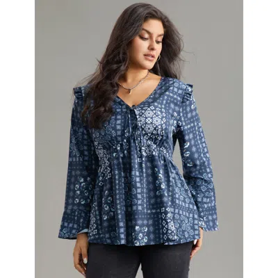 Bloomchic Women's Plus Size Bandana Print Bowknot Frill Trim Blouse Stone Dailywear Long Sleeve 12/l In Gray