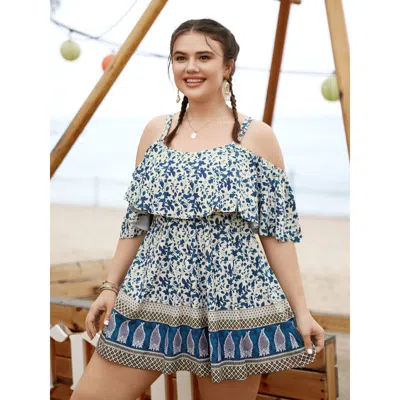 Bloomchic Women's Plus Size Bandana Print Cold Shoulder Swim Dress Indigo Botanical Non Adaptive-fit 10/m In Purple