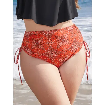 Bloomchic Women's Plus Size Bandana Print Drawstring Bikini Bottom Red Bohemian Print Gathered 22-24/3x