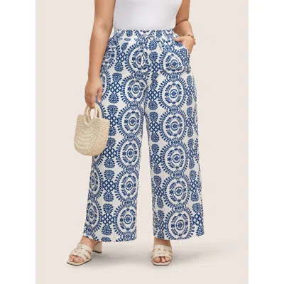 Bloomchic Women's Plus Size Bandana Print Drawstring Wide Leg Pants Indigo Bohemian Print Wide Leg High Rise V In Purple